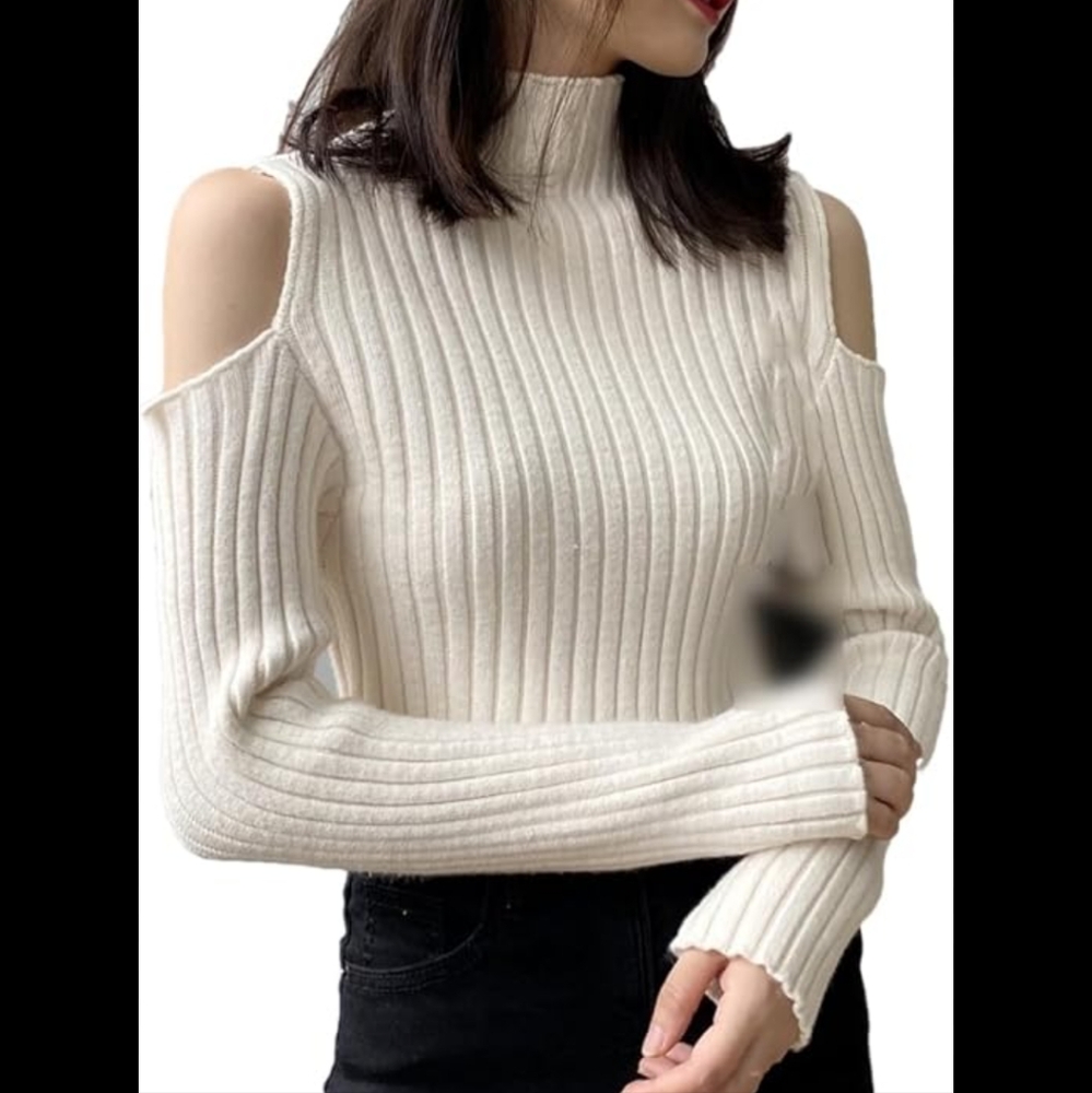 Shoulder cutout cream mockneck sweater